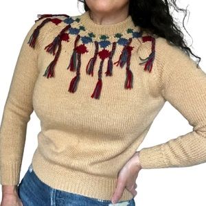 Vintage 70s Braided Fringe Tassel Neck Camel Knit Crewneck Sweater